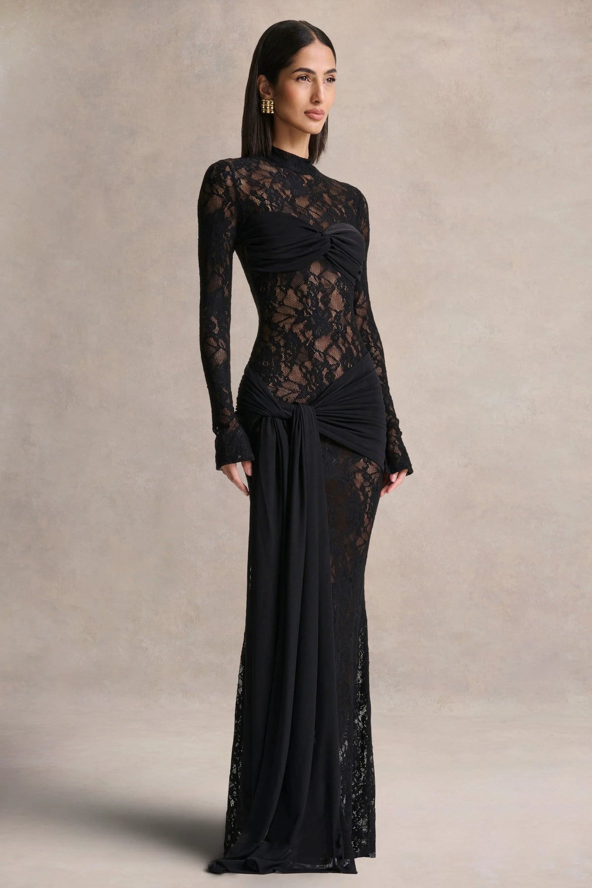 Akira Black Lace Maxi Dress With Sash Detail