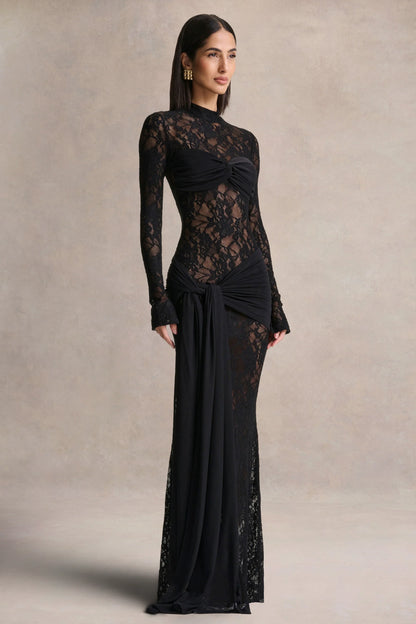 Akira Black Lace Maxi Dress With Sash Detail