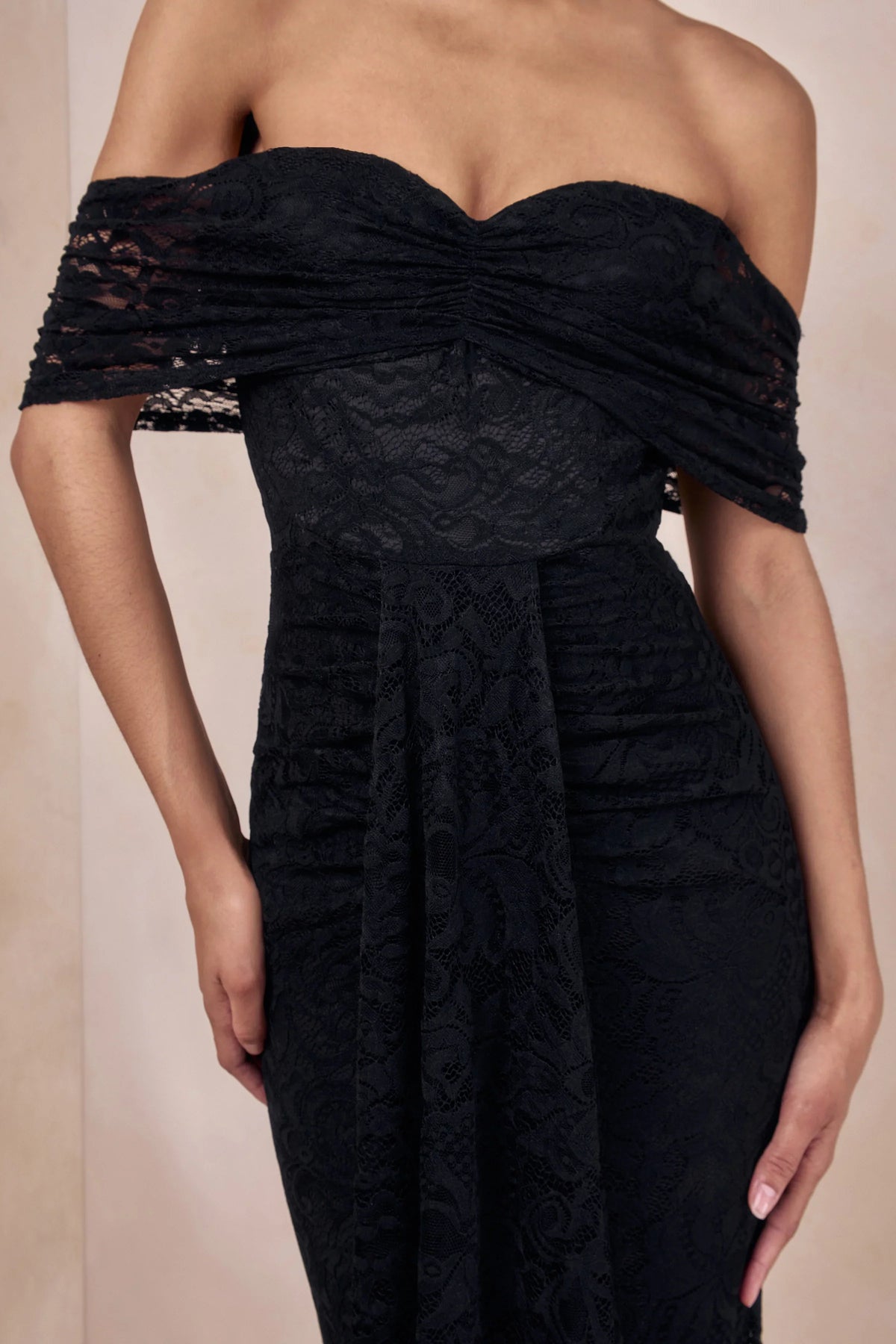 Aries Black Lace Bardot Neck Maxi Dress With Gathered Detailing