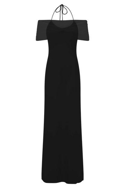Bernadina Mesh And Slinky Halter Maxi Dress Black