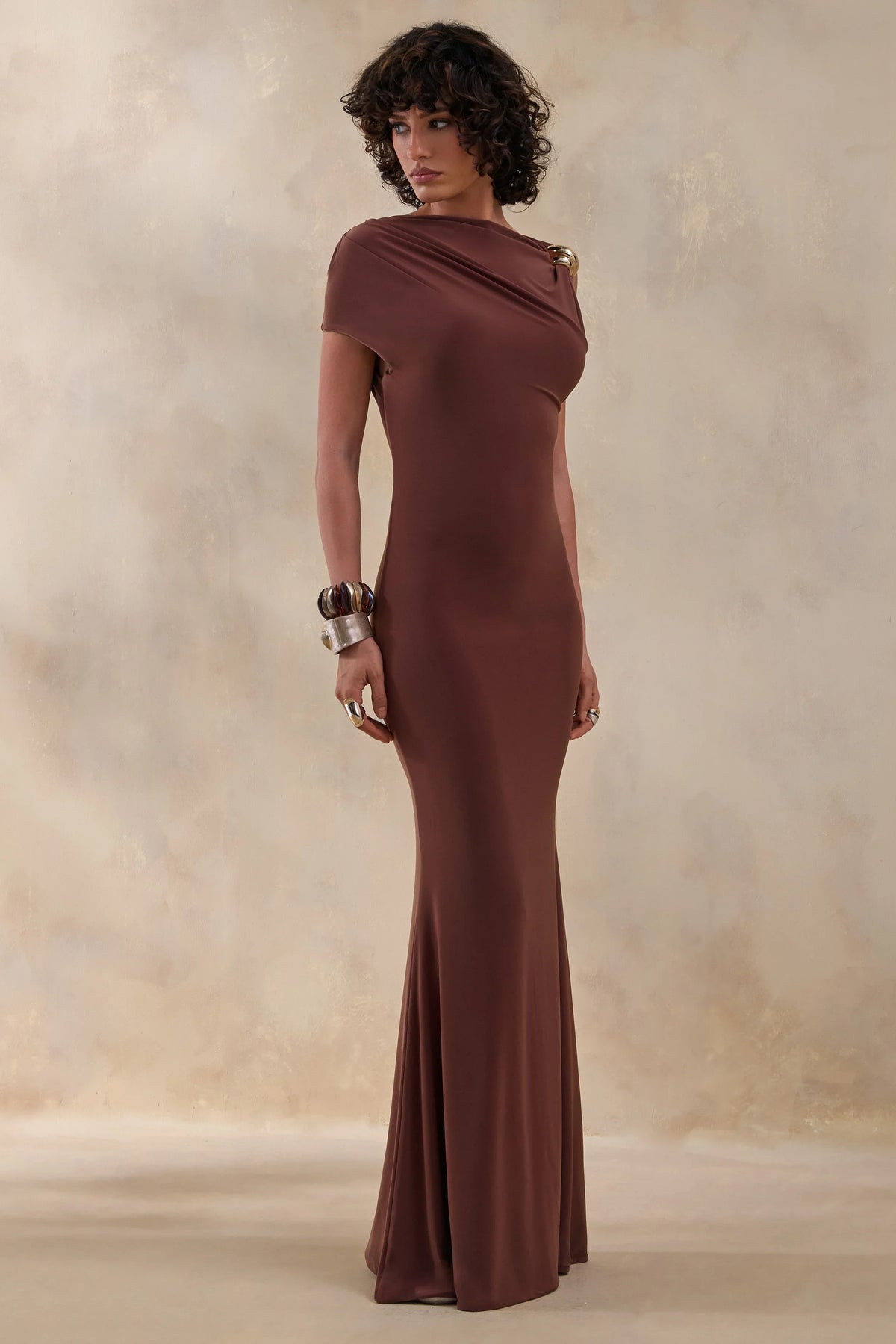 Blaire Brown Asymmetric Neck Maxi Dress With Gold Detailing