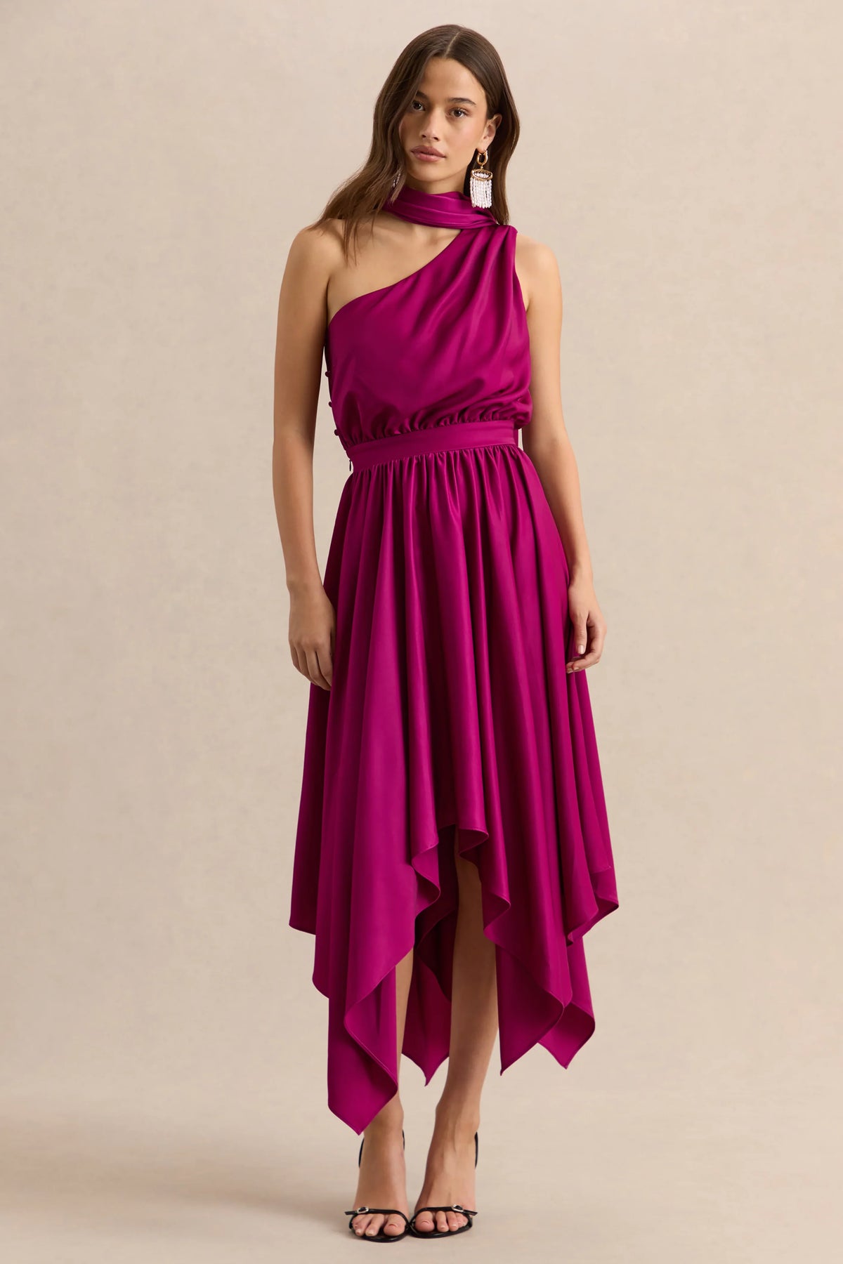 Caluna Hot Pink Satin Asymmetric Neck Midi Dress With Scarf Detail