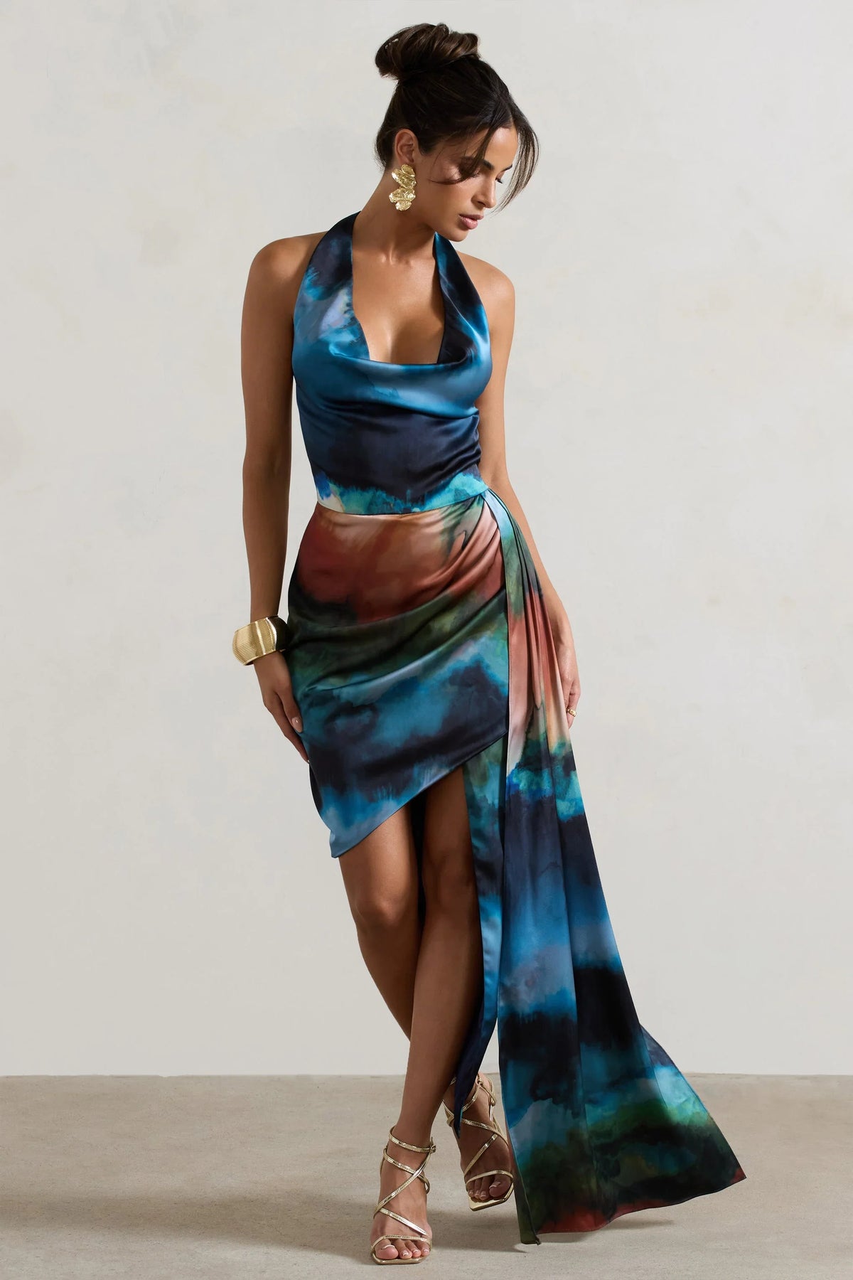 Bali Blue Blur Print Satin Cowl Neck Draped Midi Dress