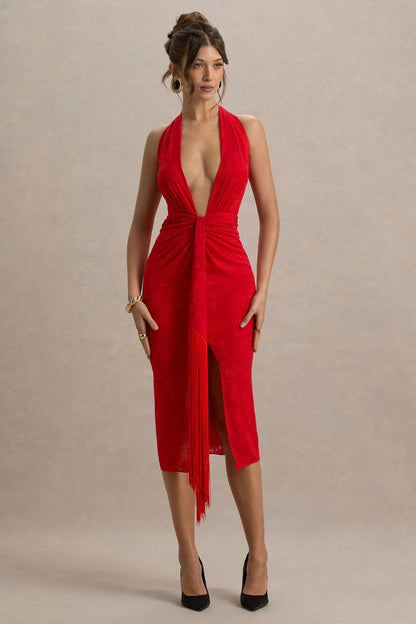 Auria Red Satin Devore Plunge Neck Midi Dress With Fringe Details