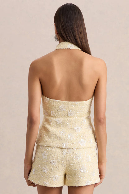 Alba Lemon Boucle Plunge Neck Crop Top