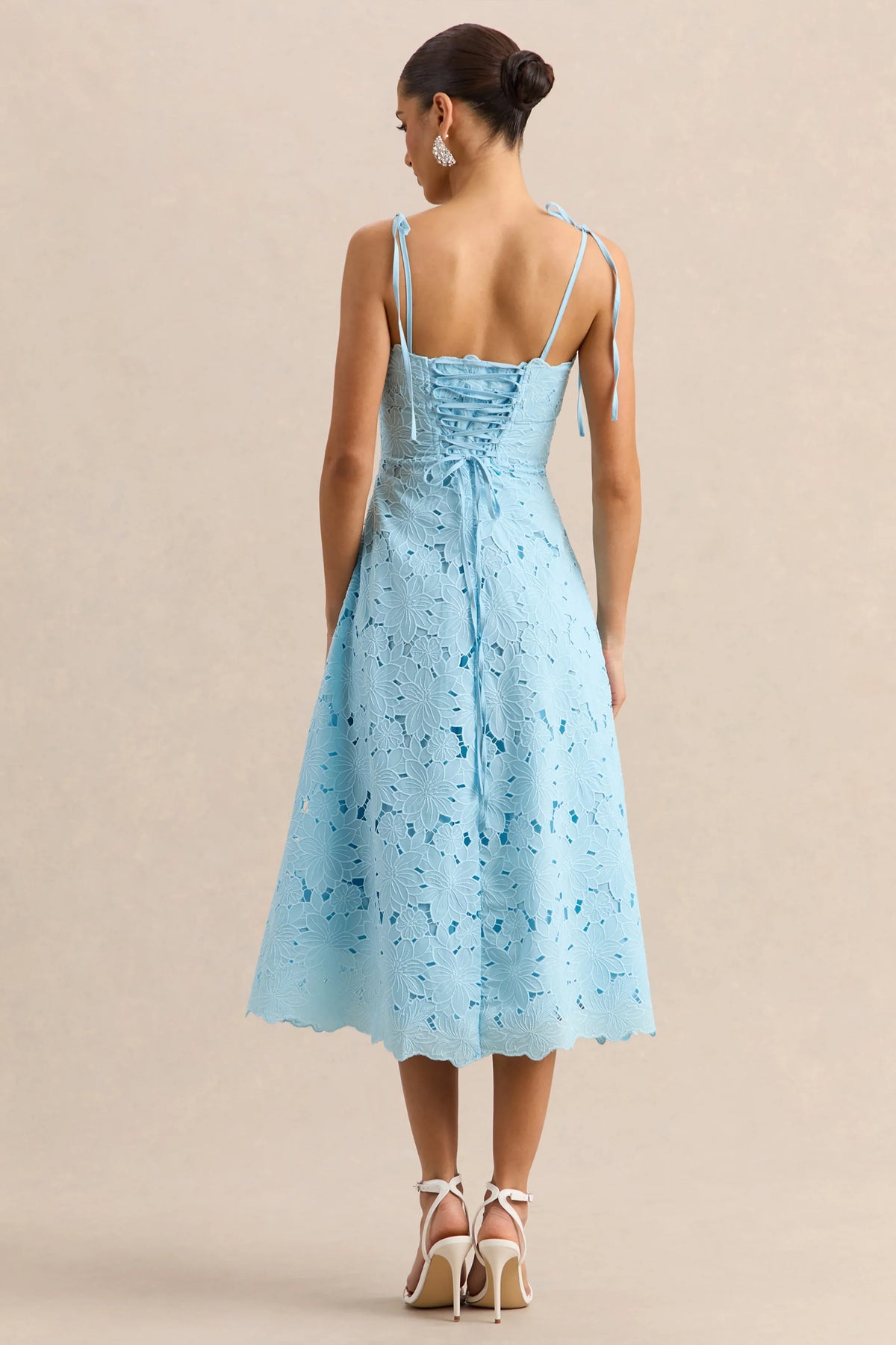Anna Embroidered Powder Blue Square Neck Midi Dress