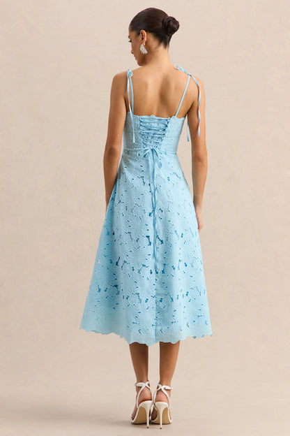 Anna Embroidered Powder Blue Square Neck Midi Dress
