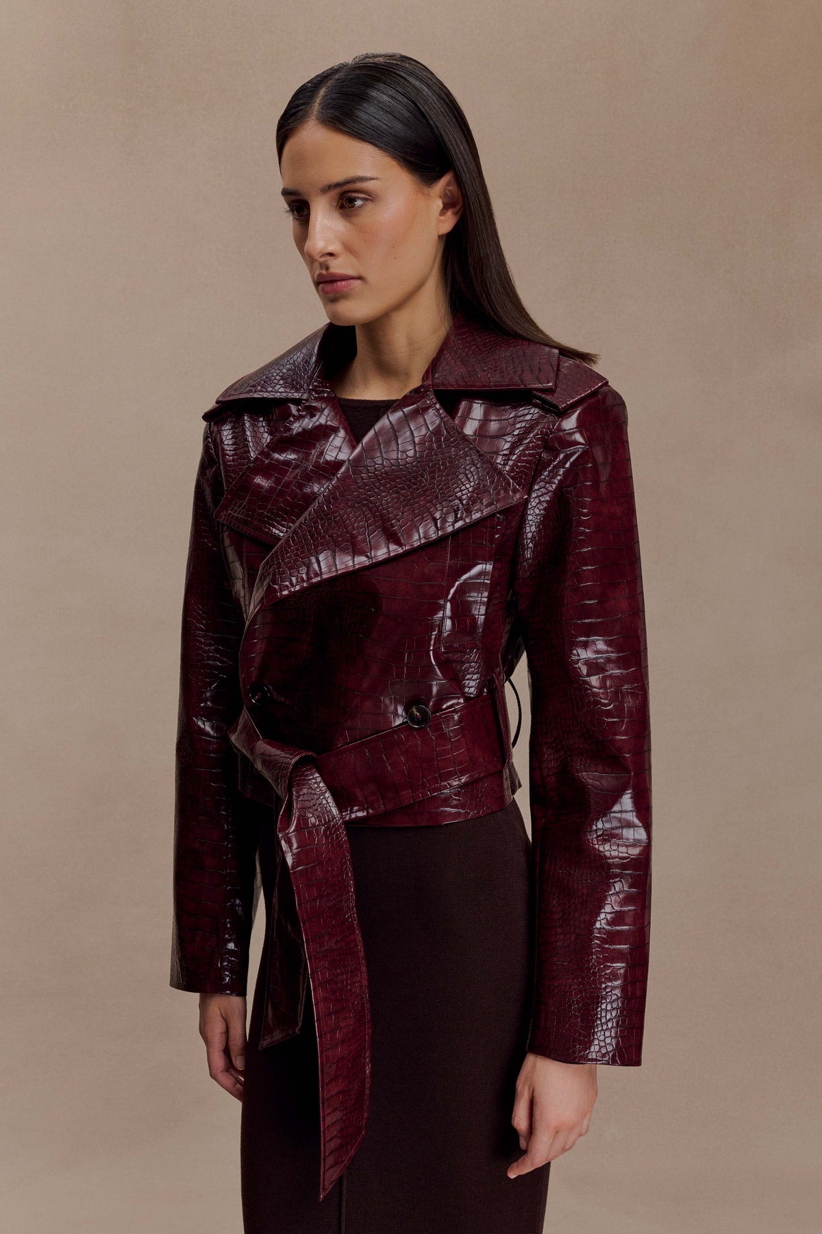 Archie Croc Faux Leather Cropped Jacket Burgundy