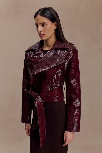 Archie Croc Faux Leather Cropped Jacket Burgundy