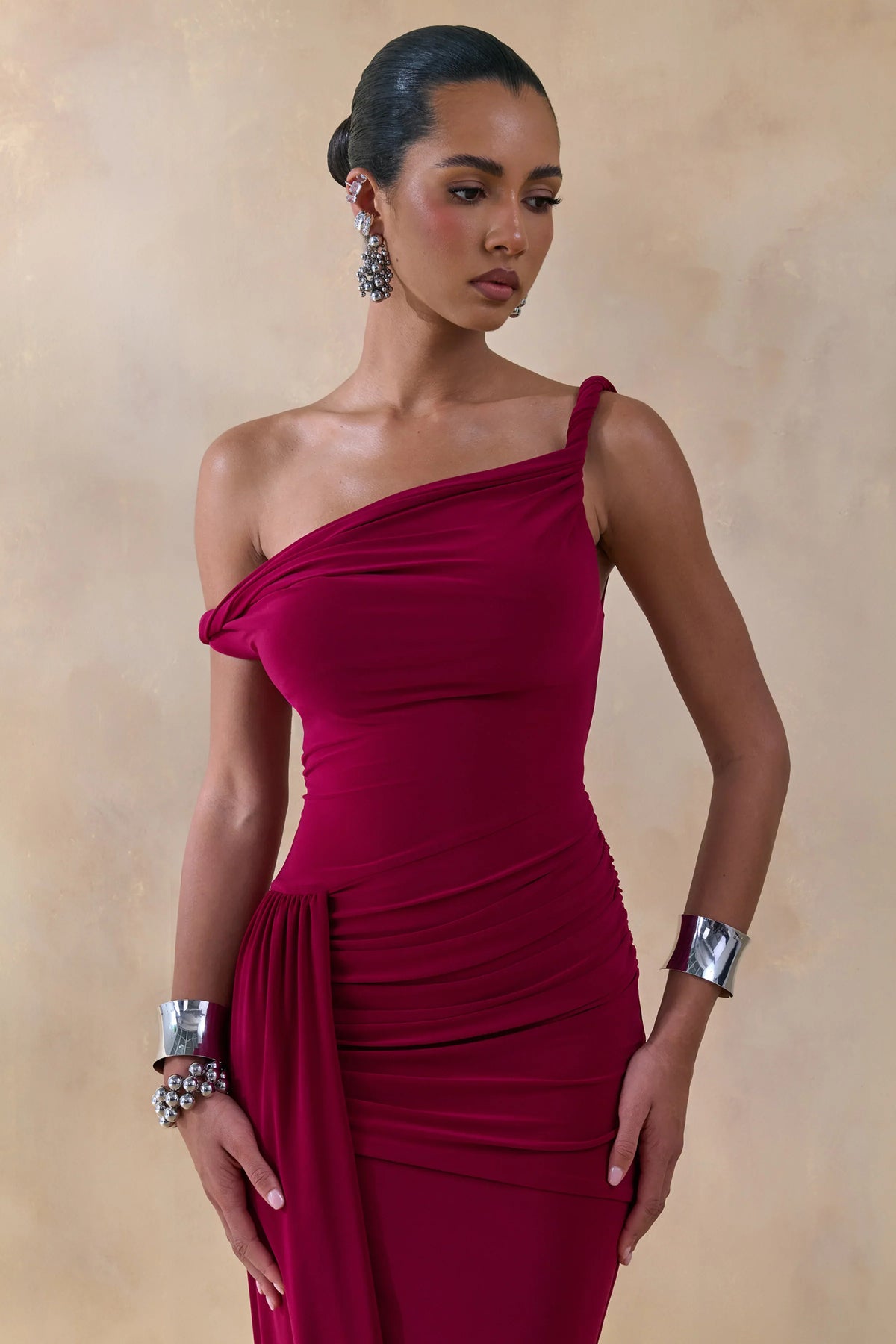 Angelique Burgundy Twisted Asymmetric Maxi Dress