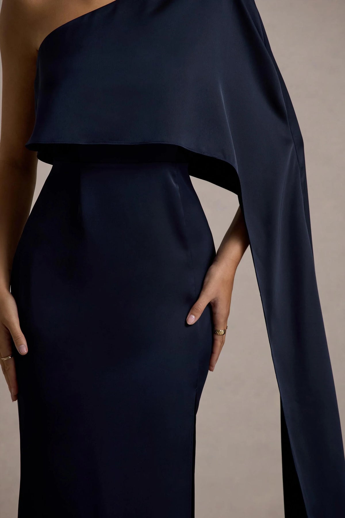 Amora Navy Satin Asymmetric Cape Sleeve Split Maxi Dress