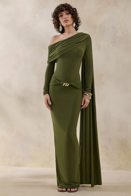 Bessy Green Asymmetric Neck Maxi Dress With Gathered Detailing And Sash