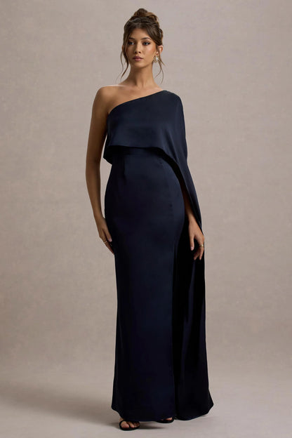 Amora Navy Satin Asymmetric Cape Sleeve Split Maxi Dress