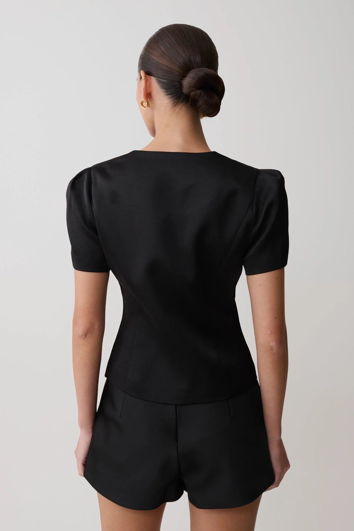 Anne Short Sleeve Satin Top Black