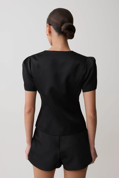 Anne Short Sleeve Satin Top Black