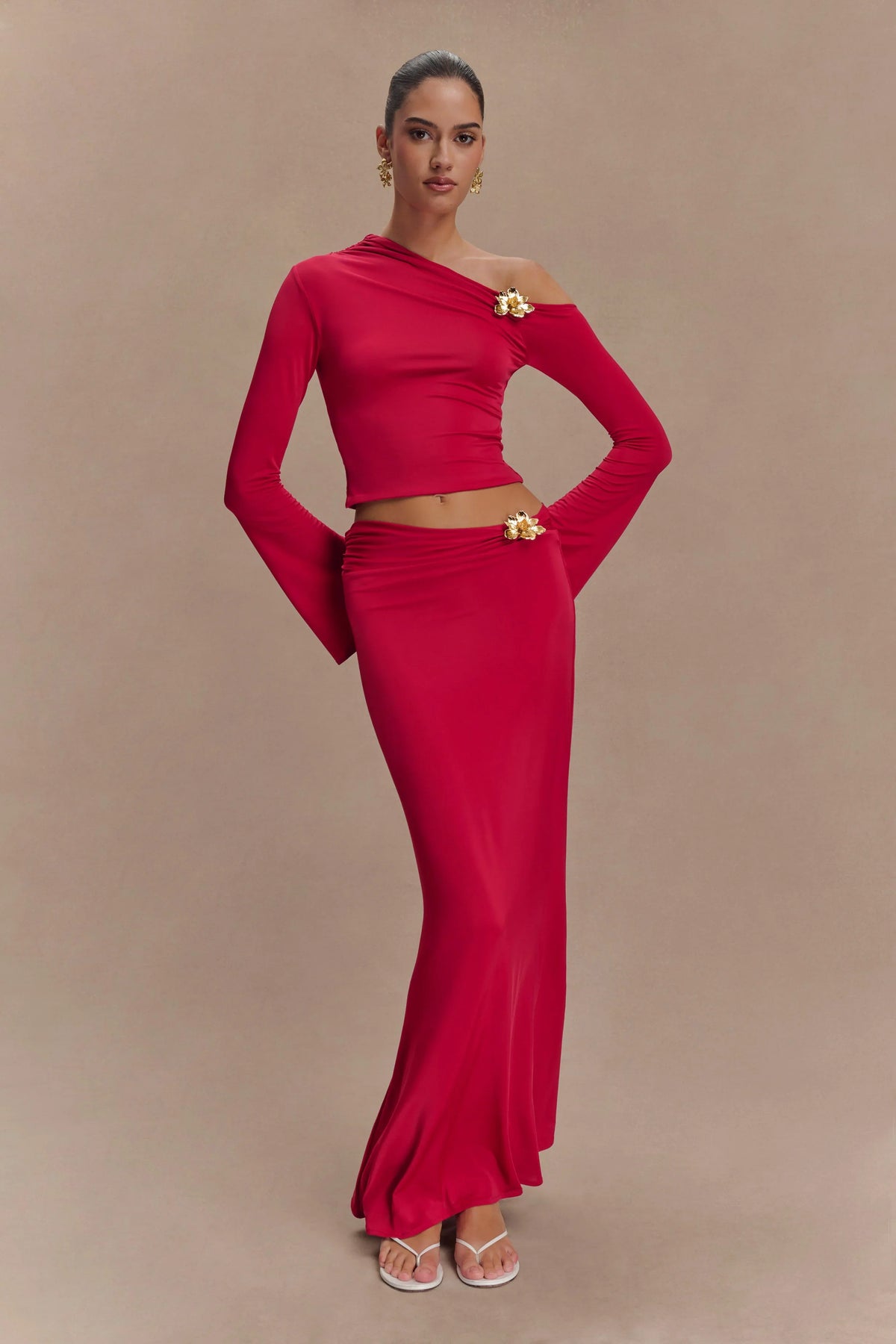 Ainsley Asymmetrical Maxi Skirt With Floral Hardware Fuchsia Pink