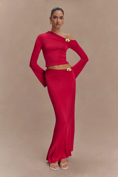 Ainsley Asymmetrical Maxi Skirt With Floral Hardware Fuchsia Pink