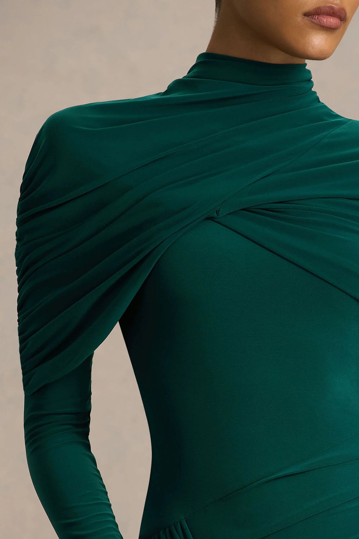 Aneira Bottle Green High Neck Maxi Dress With Cape Sleeves