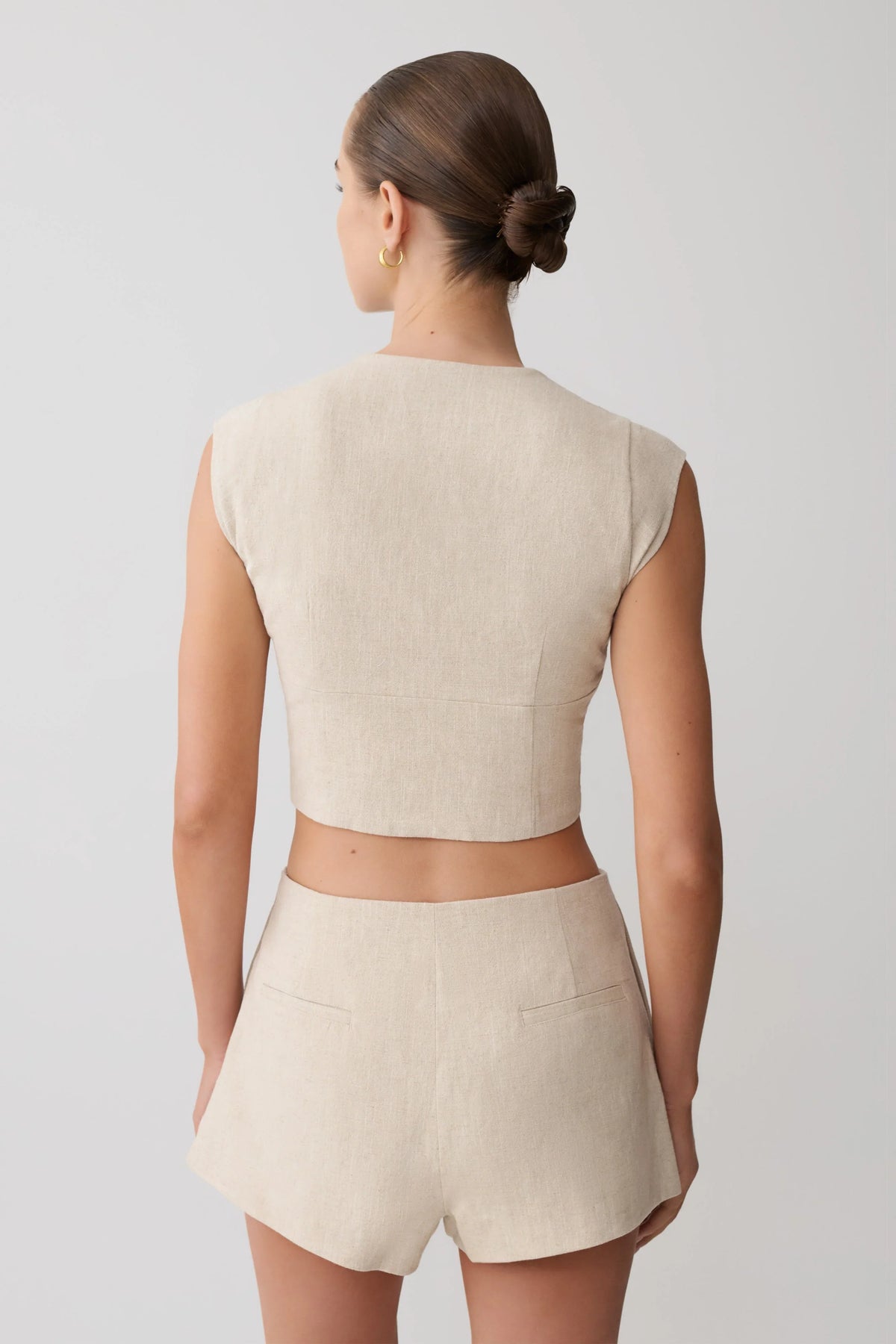 Anahita Linen Front Bows Short Sleeve Top Natural