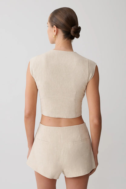 Anahita Linen Front Bows Short Sleeve Top Natural