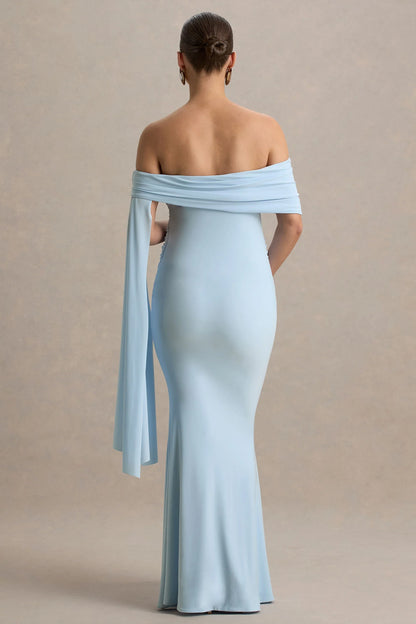 Aquila Powder Blue Bardot Maternity Maxi Dress With Draped Detail