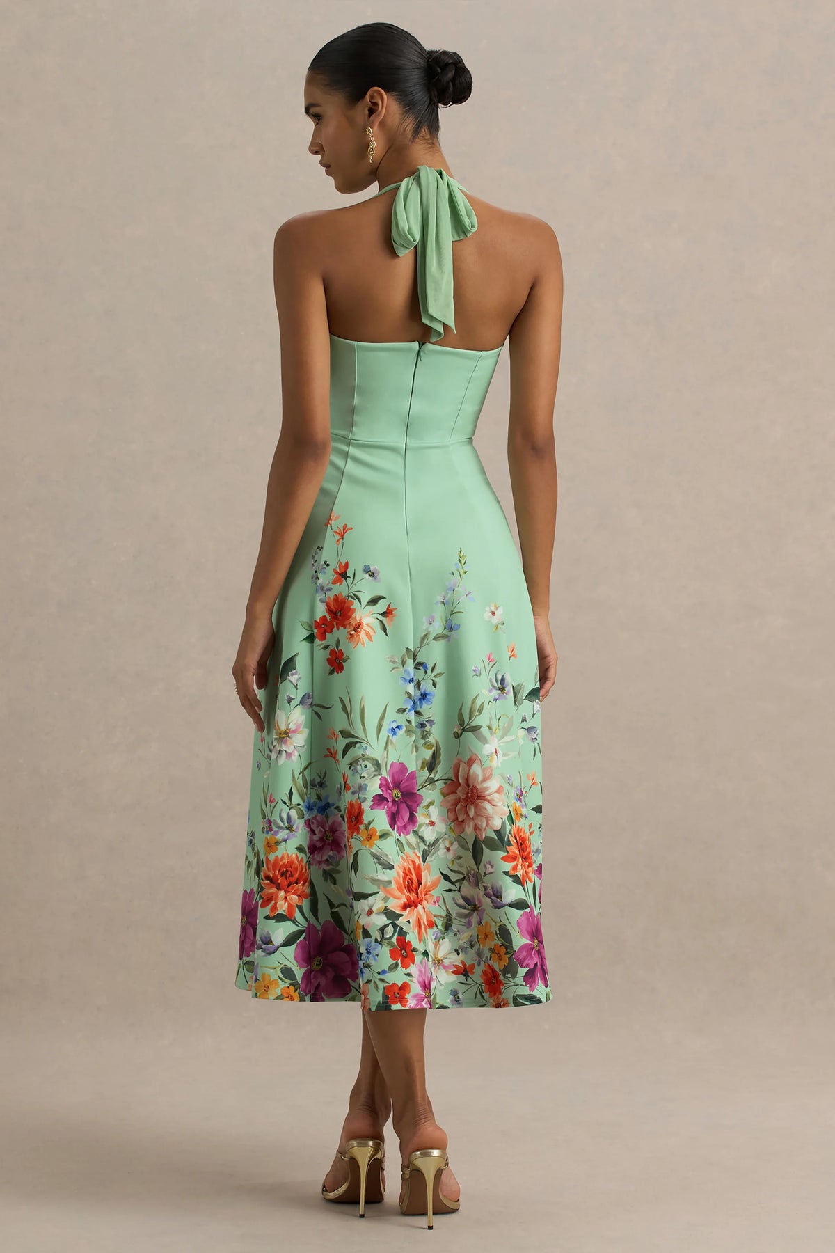 Auburn Mint Placement Floral Halter Neck Midi Dress