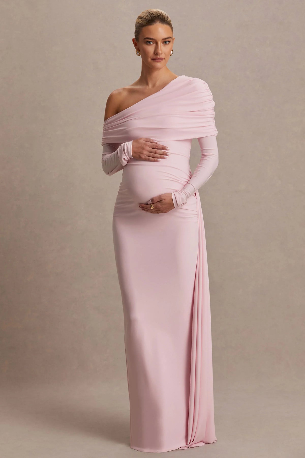 Amara Blush Pink Asymmetric Neck Maternity Maxi Dress With Sash Detail