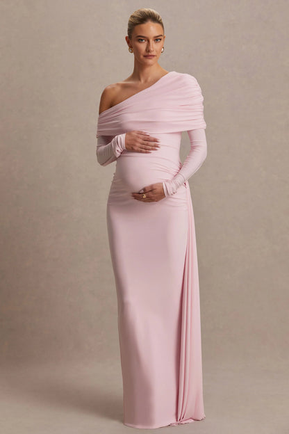 Amara Blush Pink Asymmetric Neck Maternity Maxi Dress With Sash Detail