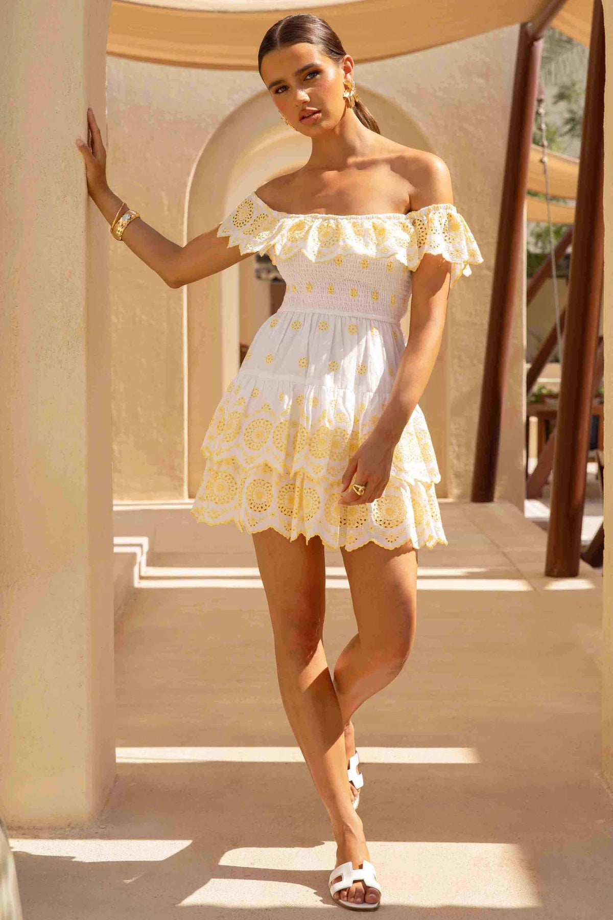 Andrea Lemon and White Broderie Ruffled Bardot Mini Dress