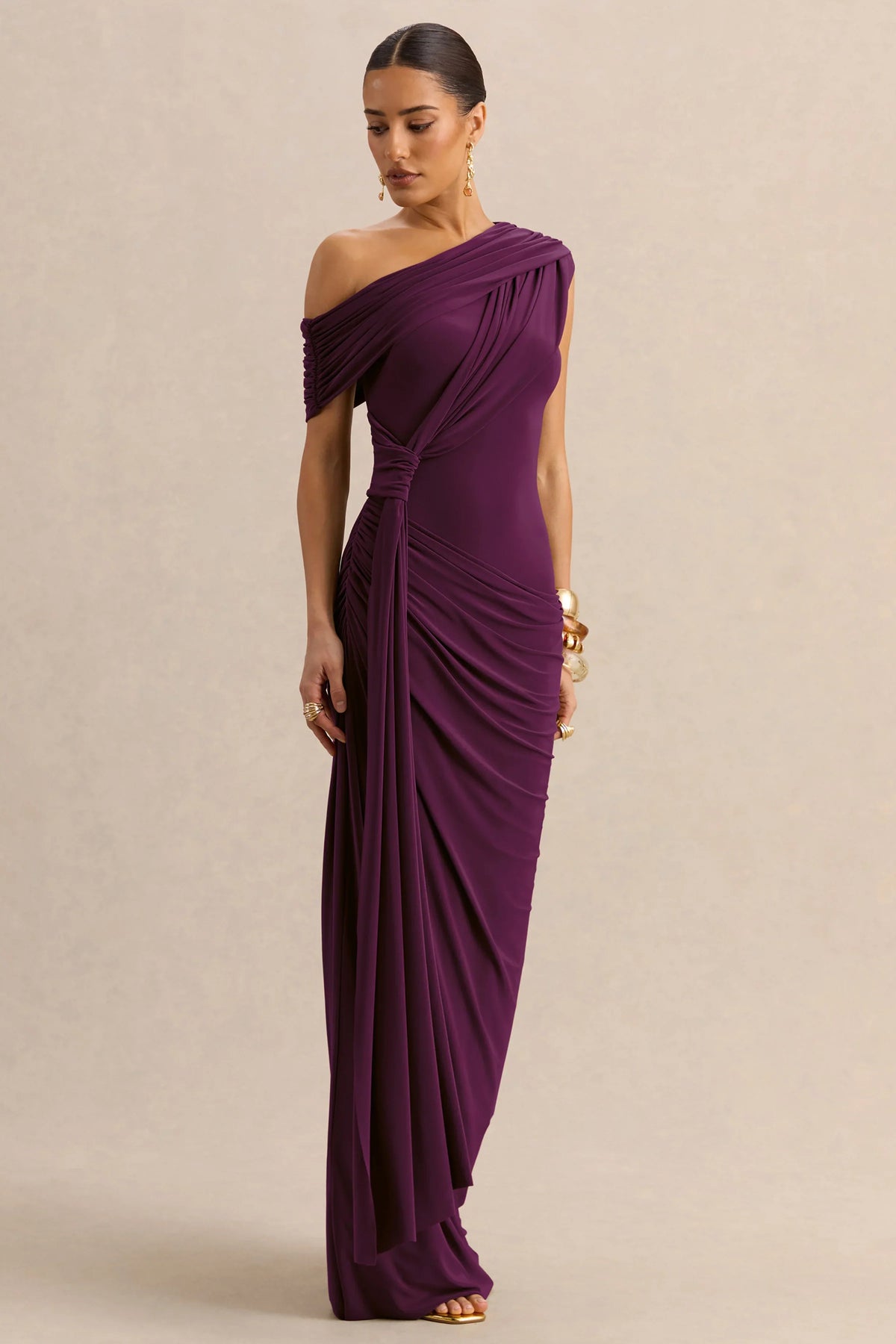 Avialee Dark Plum Asymmetric Neck Maxi Dress With Gathered Detailing And Sash