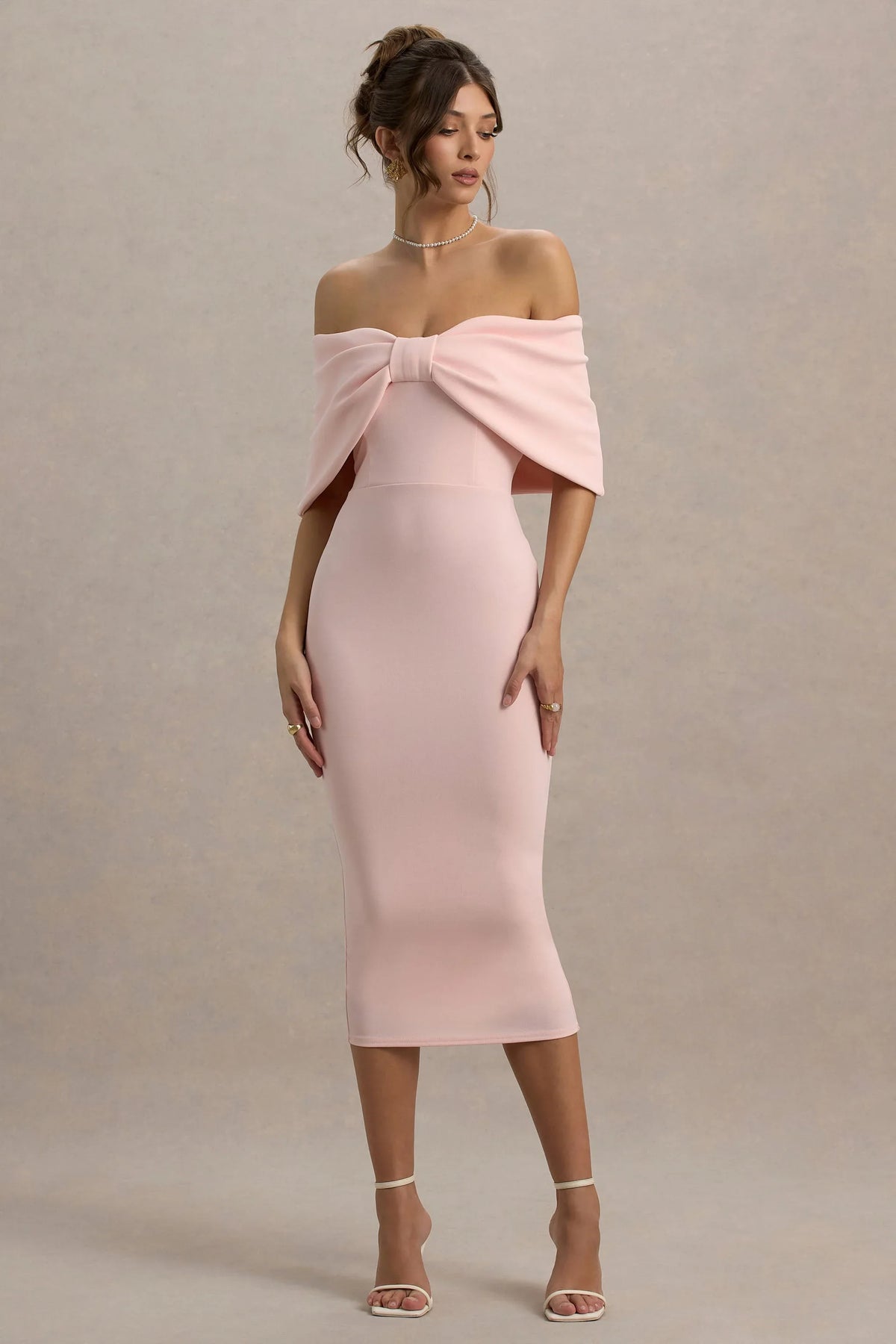 Bayshore Pink Bow Bardot Midi Dress