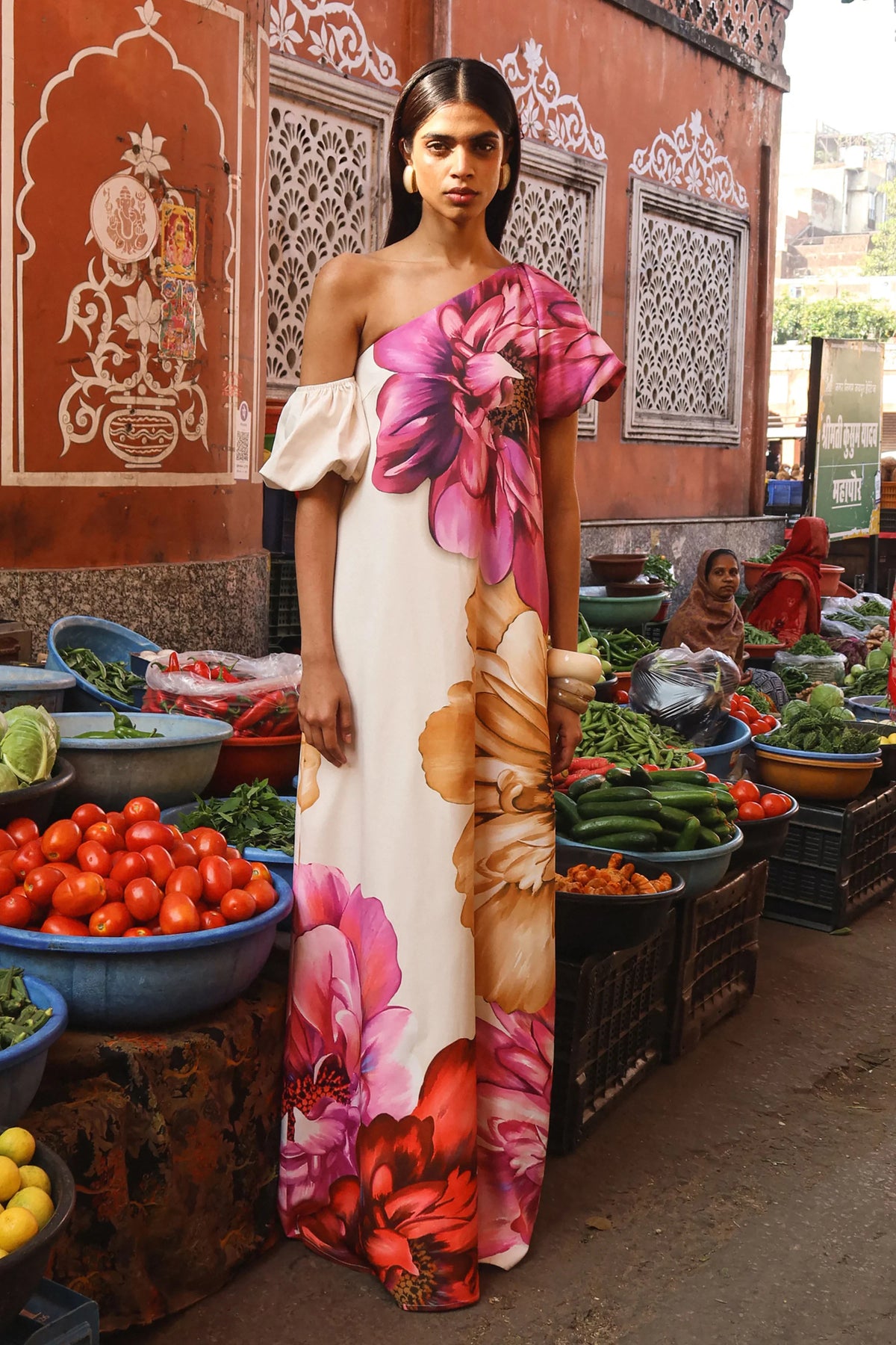 Anastasia Large Multi Floral Print Asymmetric Neck Maxi Dress