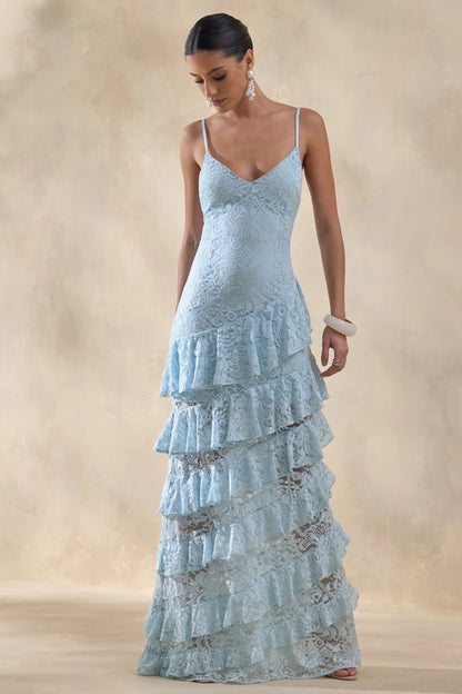 Avelisse Blue Lace Plunge Neck Maxi Dress With Ruffled Detailing
