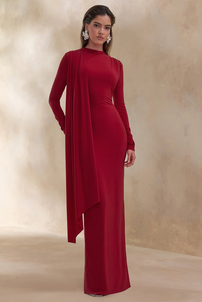 Amaria Red High Neck Maxi Dress With Sash Detail