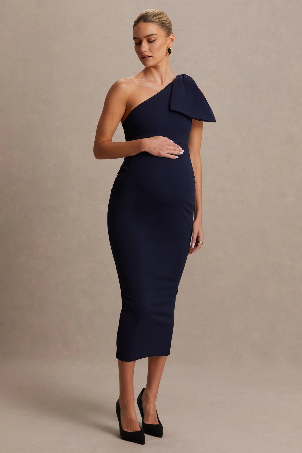 Adorn Navy Asymmetric Maternity Midi Dress With Shoulder Bow Detail