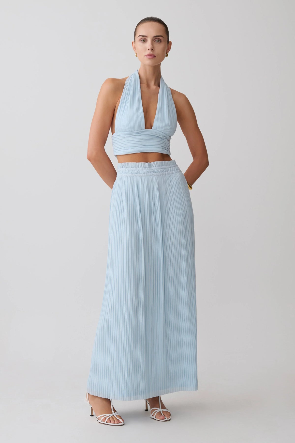 Amaris Sleeveless Plisse Halter Top Pale Blue