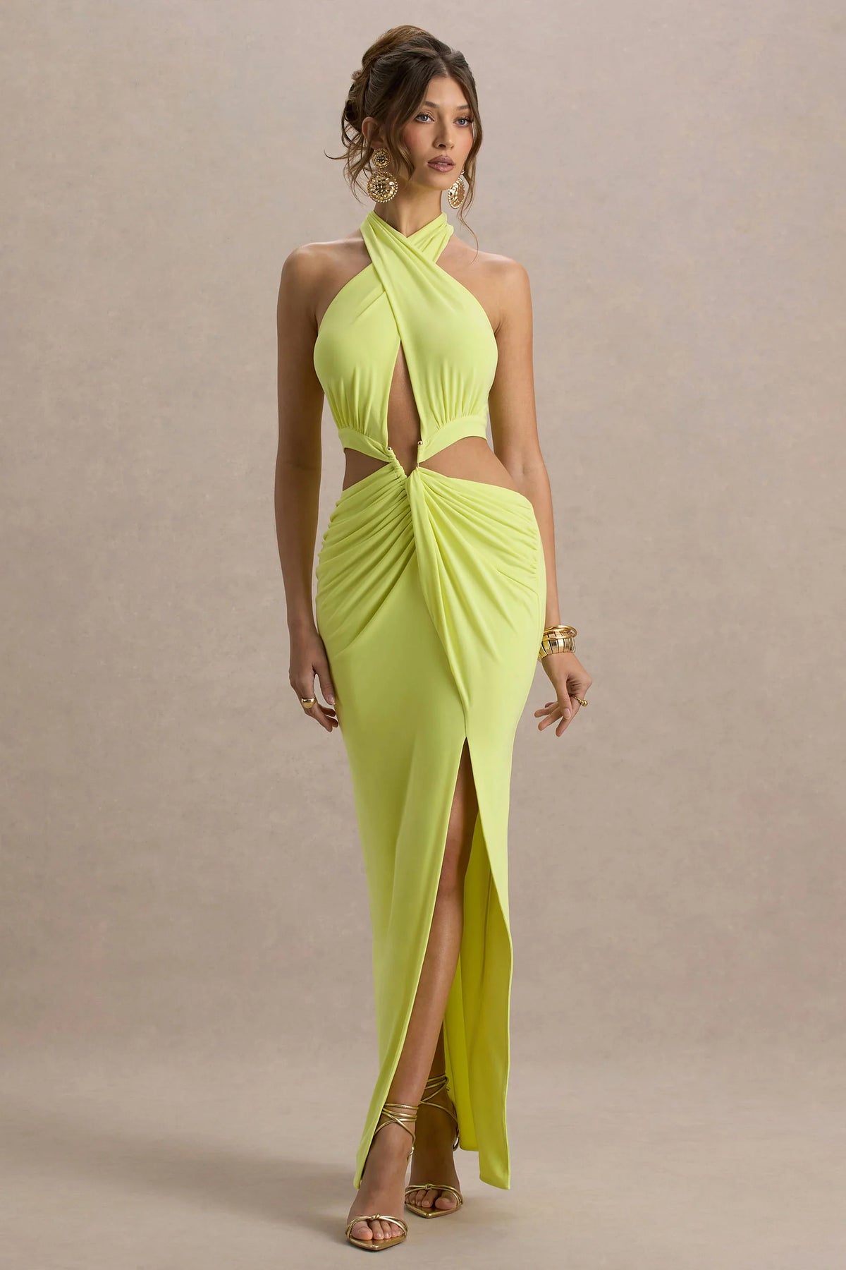 Aura Lime Green Halter Neck Cut Out Split Maxi Dress