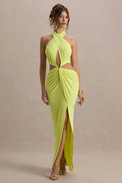 Aura Lime Green Halter Neck Cut Out Split Maxi Dress