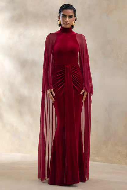 Adoring Burgundy Velvet High Neck Maxi Dress With Cape