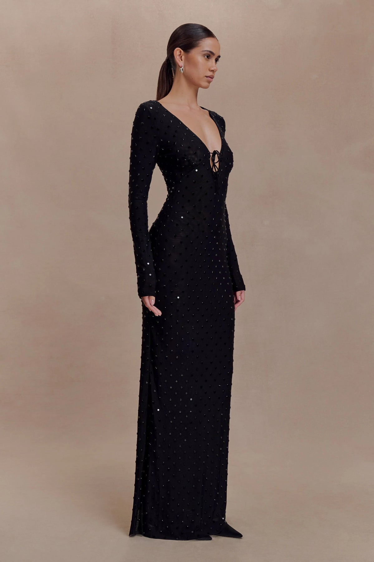 Acadia Diamante Long Sleeve Maxi Dress Black