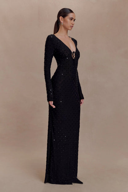 Acadia Diamante Long Sleeve Maxi Dress Black