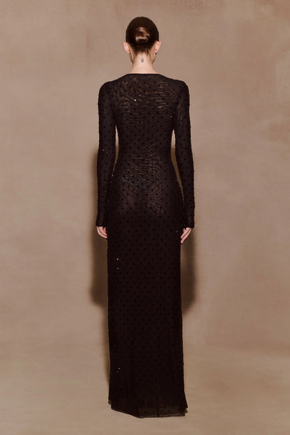 Acadia Diamante Long Sleeve Maxi Dress Black