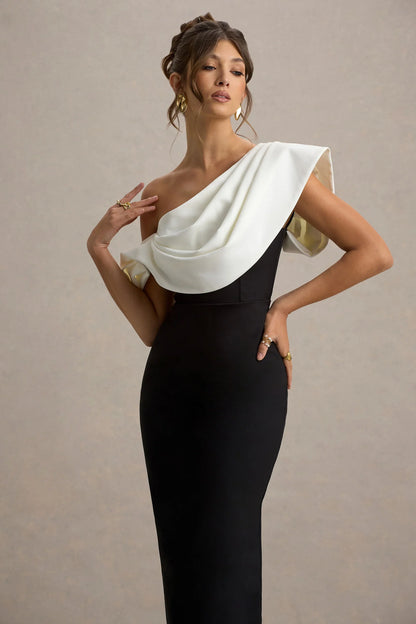 Angelina Black White Draped Shoulder Maxi Dress