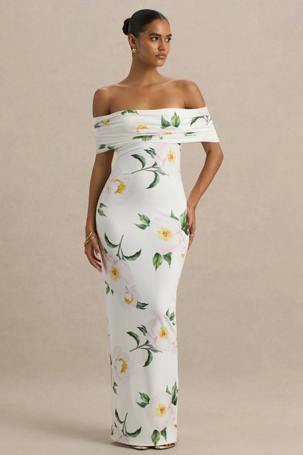 Capri White Rose Print Bardot Neck Maxi Dress With Ruched Detailing