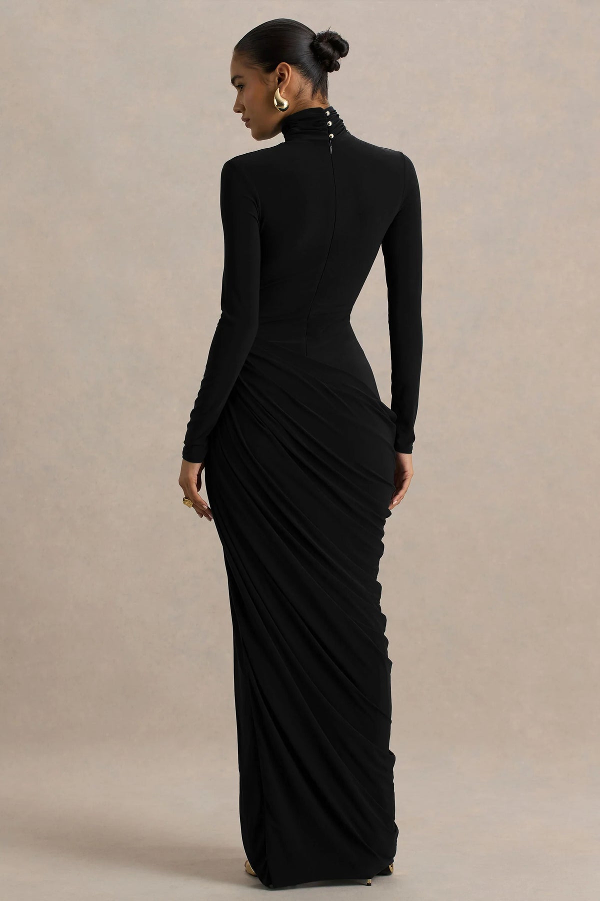 Betsy Black High Neck Maxi Dress With Front Split And Ruched Detailing