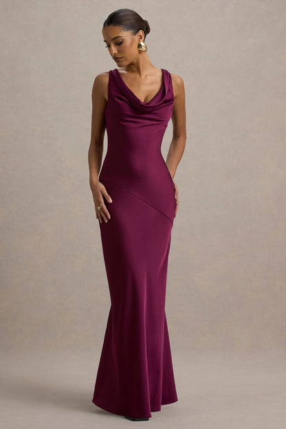 Alesso Burgundy Satin Cowl Neck Slip Maxi Dress