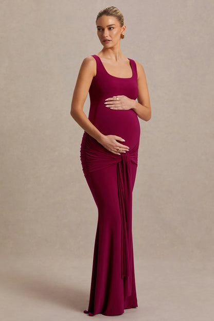 Baylin Burgundy Square Neck Maternity Maxi Dress With Ruched Detailing And Sash