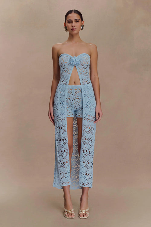 Aeline Strapless Crochet Knit Top Sky Blue
