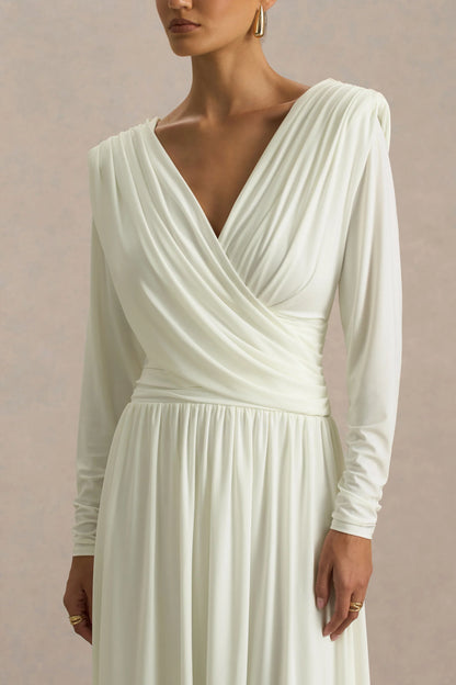 Alexis Cream Plunge Neck Midi Dress With Draped And Ruched Detailing