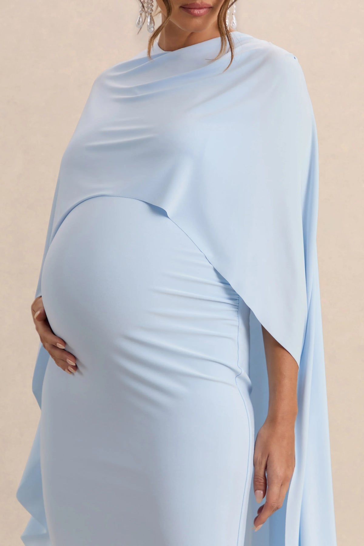 Arwen Powder Blue Round Neck Maternity Midi Dress With Cape Detail
